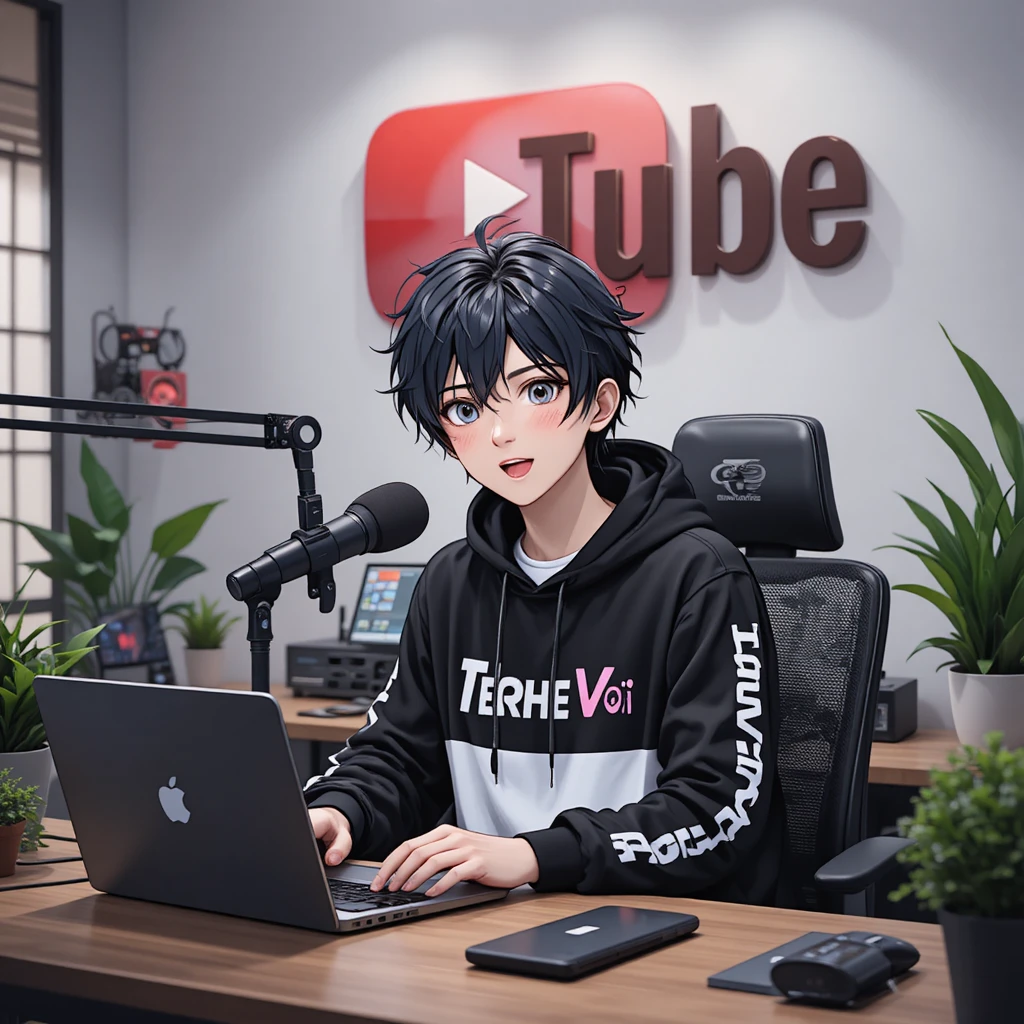 Adolescent anime en streaming à un bureau informatique high-tech