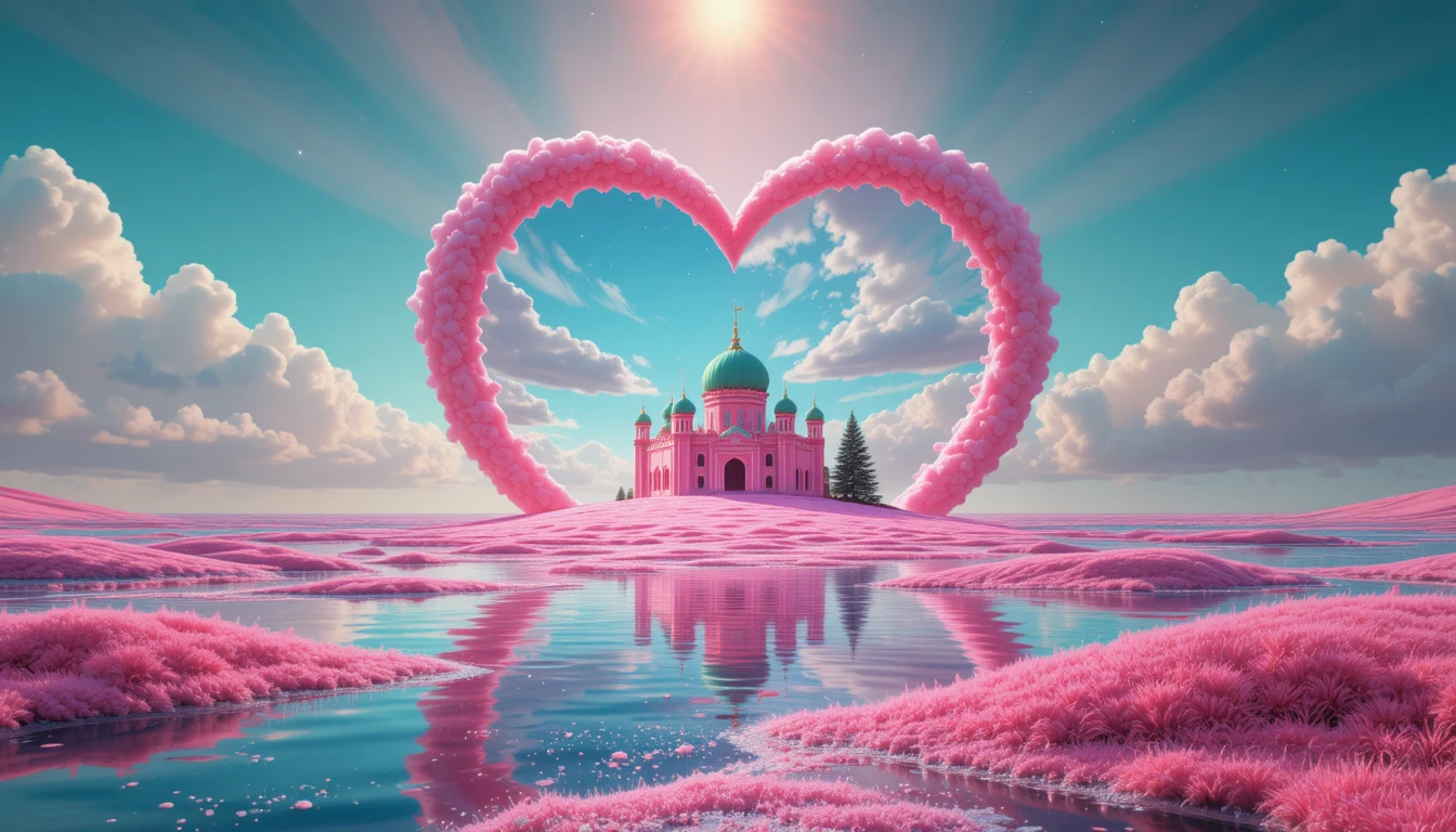 Horizonte oceânico surreal com portal de coração rosa brilhante