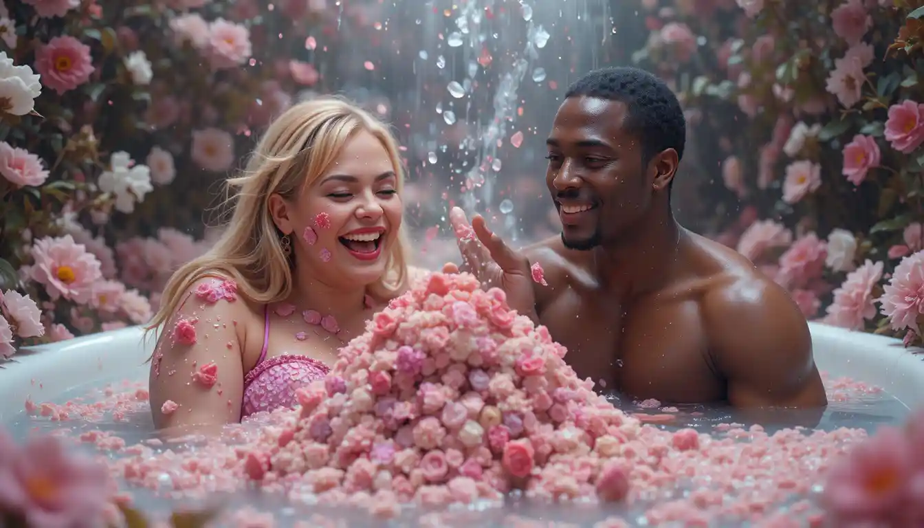 Joyful woman in a bathroom flooded with wildflowers