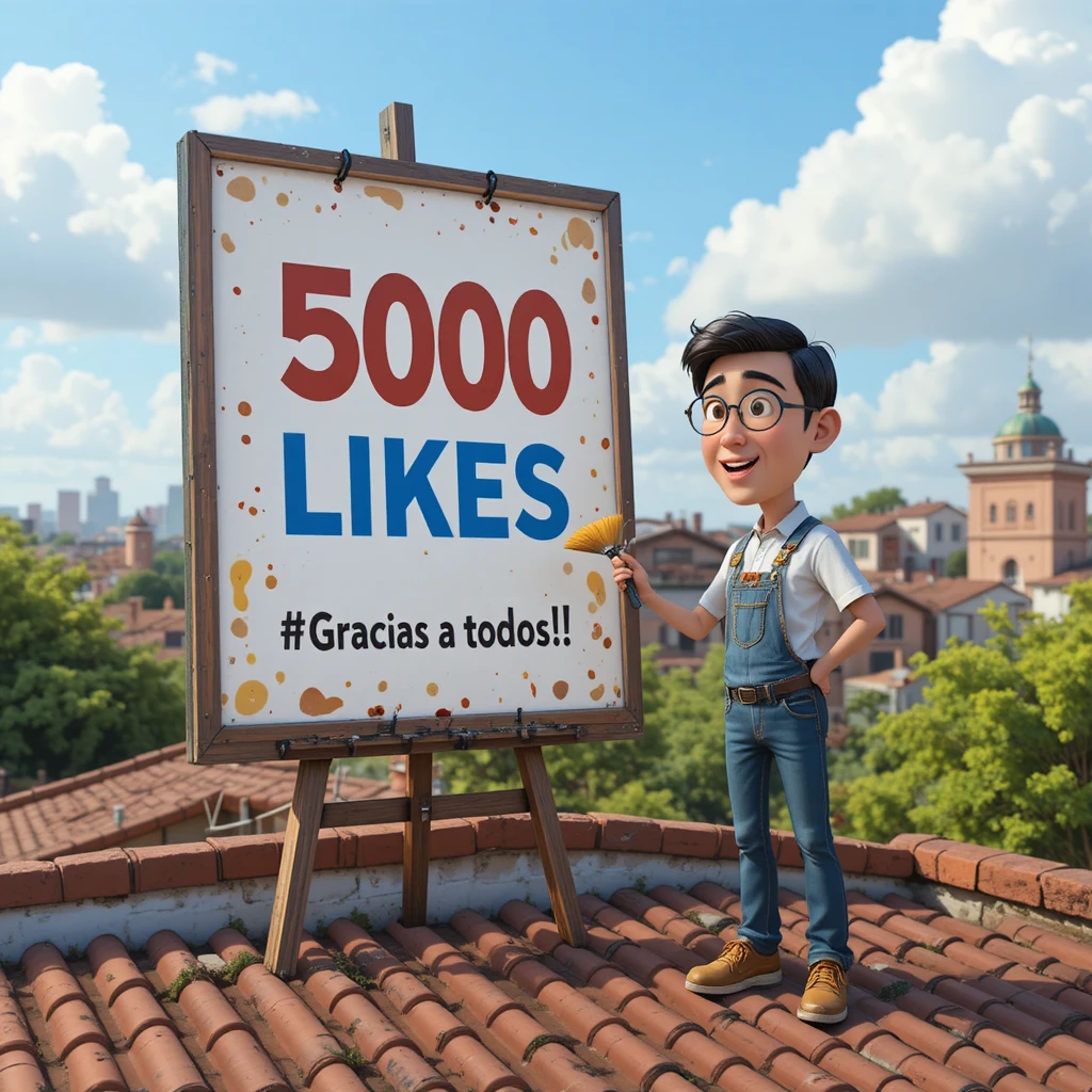 Artista 3D en la azotea junto a un gran póster de agradecimiento