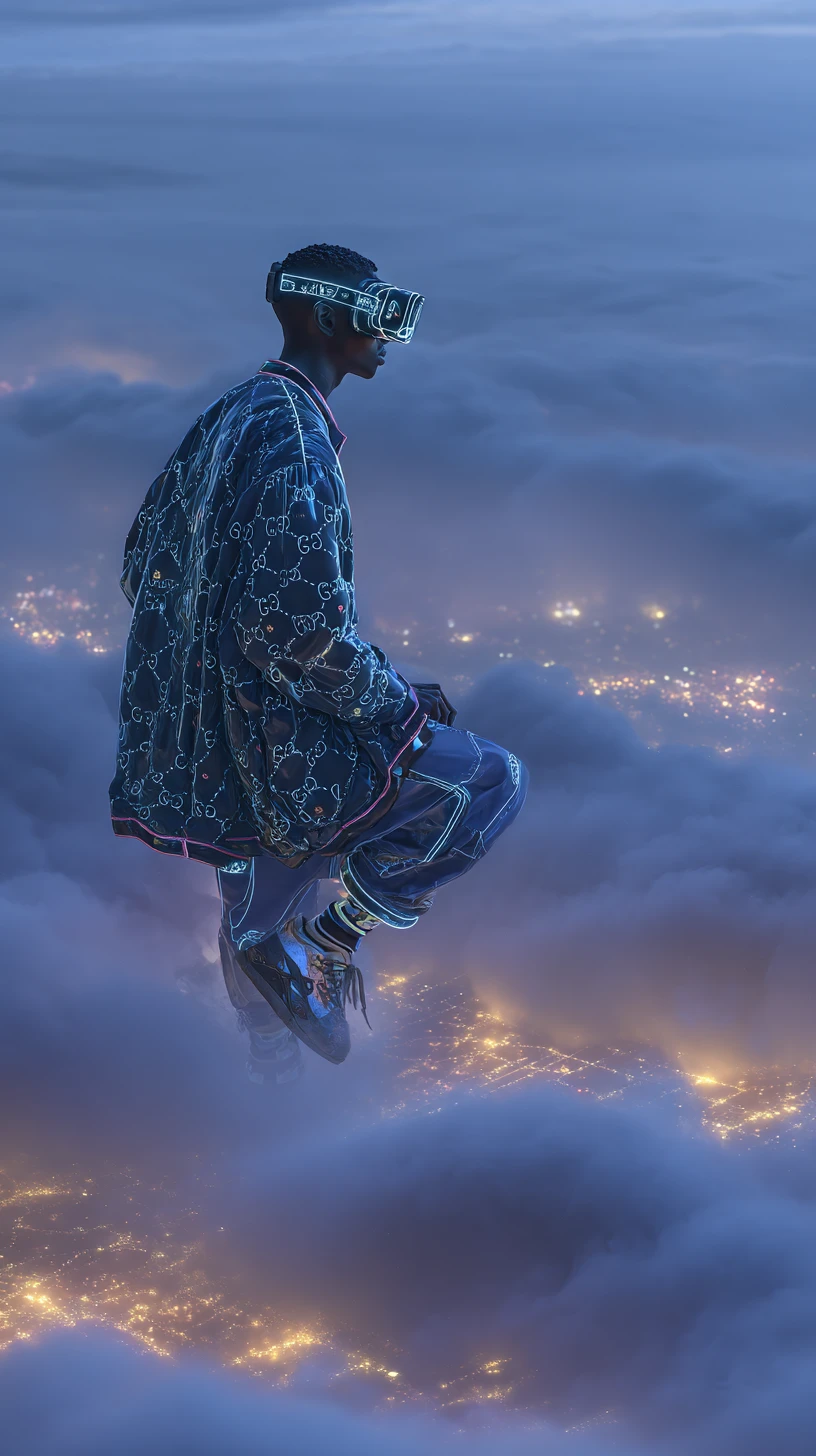 Homem afrofuturista flutuando sobre nuvens noturnas brilhantes