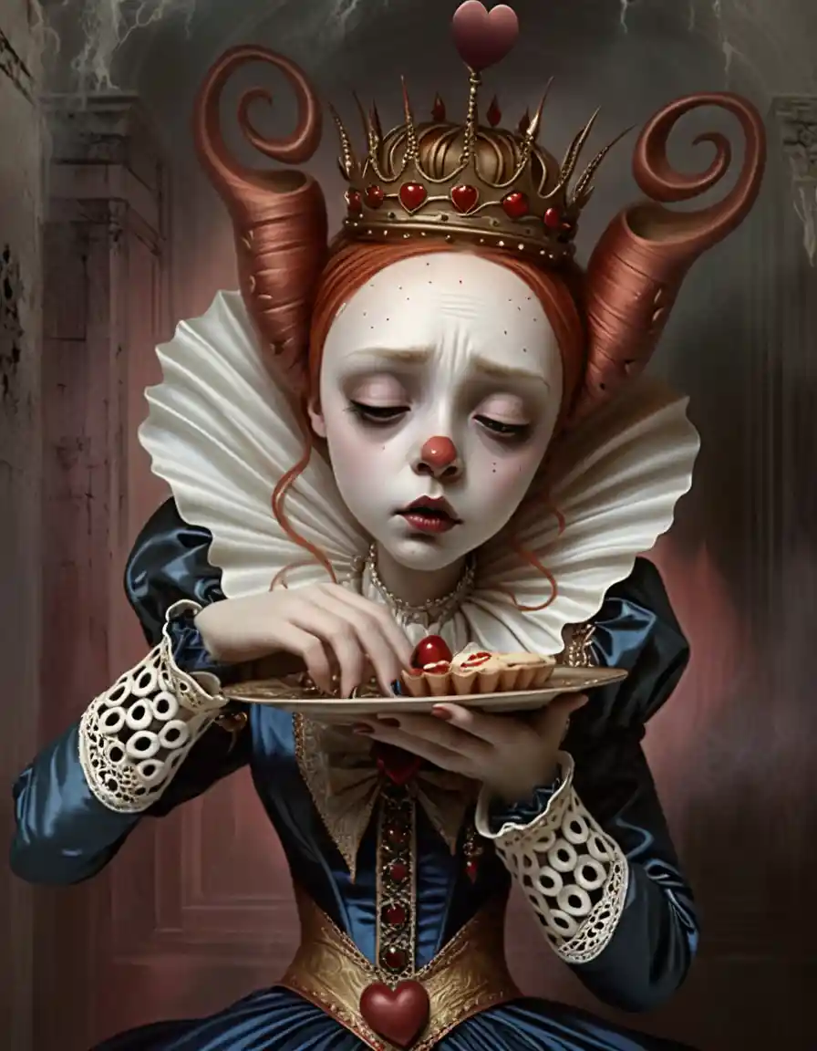 Melancholisches Porträt der Herz-Königin im Gothic-Fantasy-Stil