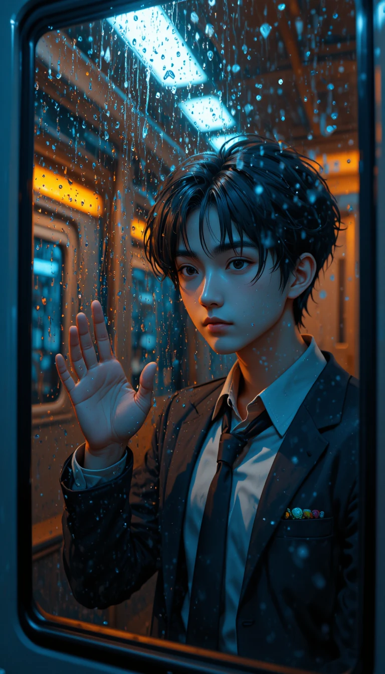 Melancholischer Anime-Junge am Zugfenster in einer regnerischen Nacht