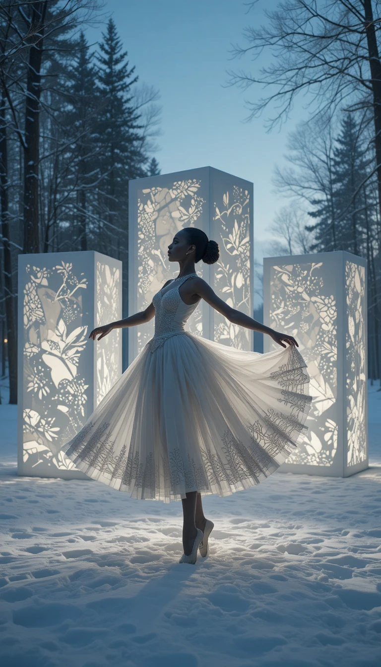 Ballerine afrofuturiste posant dans la neige à côté de sculptures en papier lumineuses