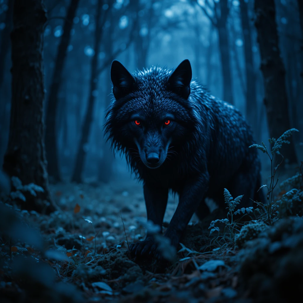 Lobo negro de olhos vermelhos espreitando em uma floresta enevoada