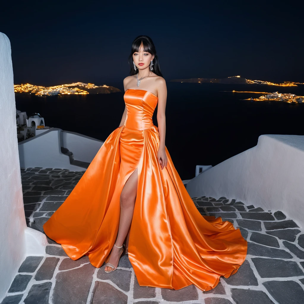 Jovem mulher com vestido longo de cetim laranja à noite em Santorini