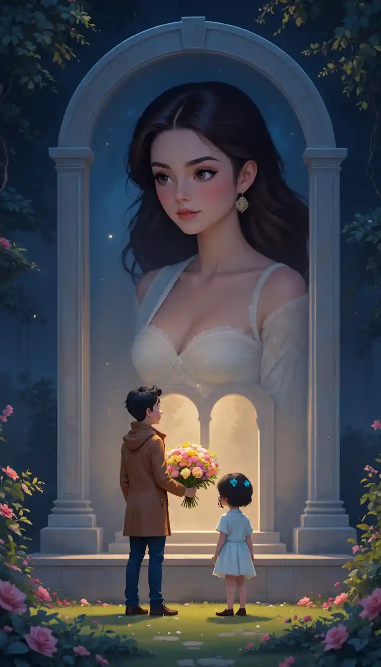 Father and children with flowers at a cemetery grave