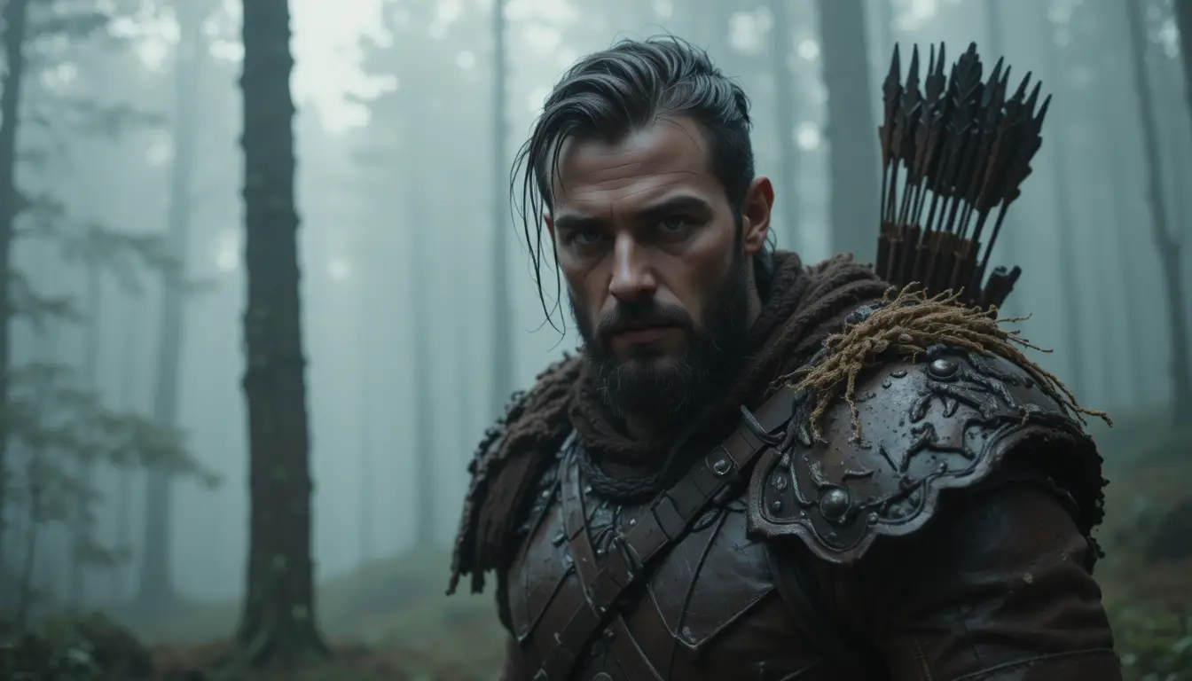 Archer déterminé en armure de cuir dans une forêt brumeuse