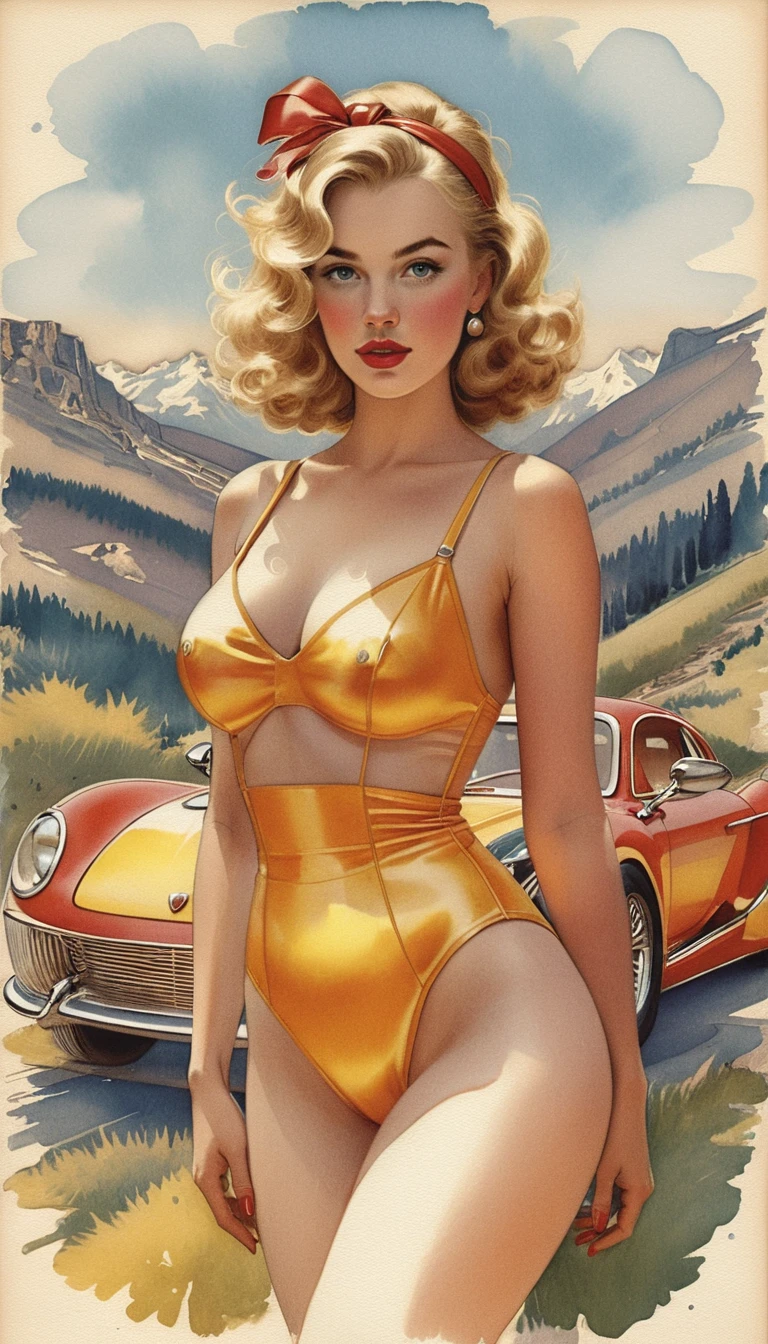 Blonde Frau in rotem Overall auf einem Vintage-Auto – Porträt