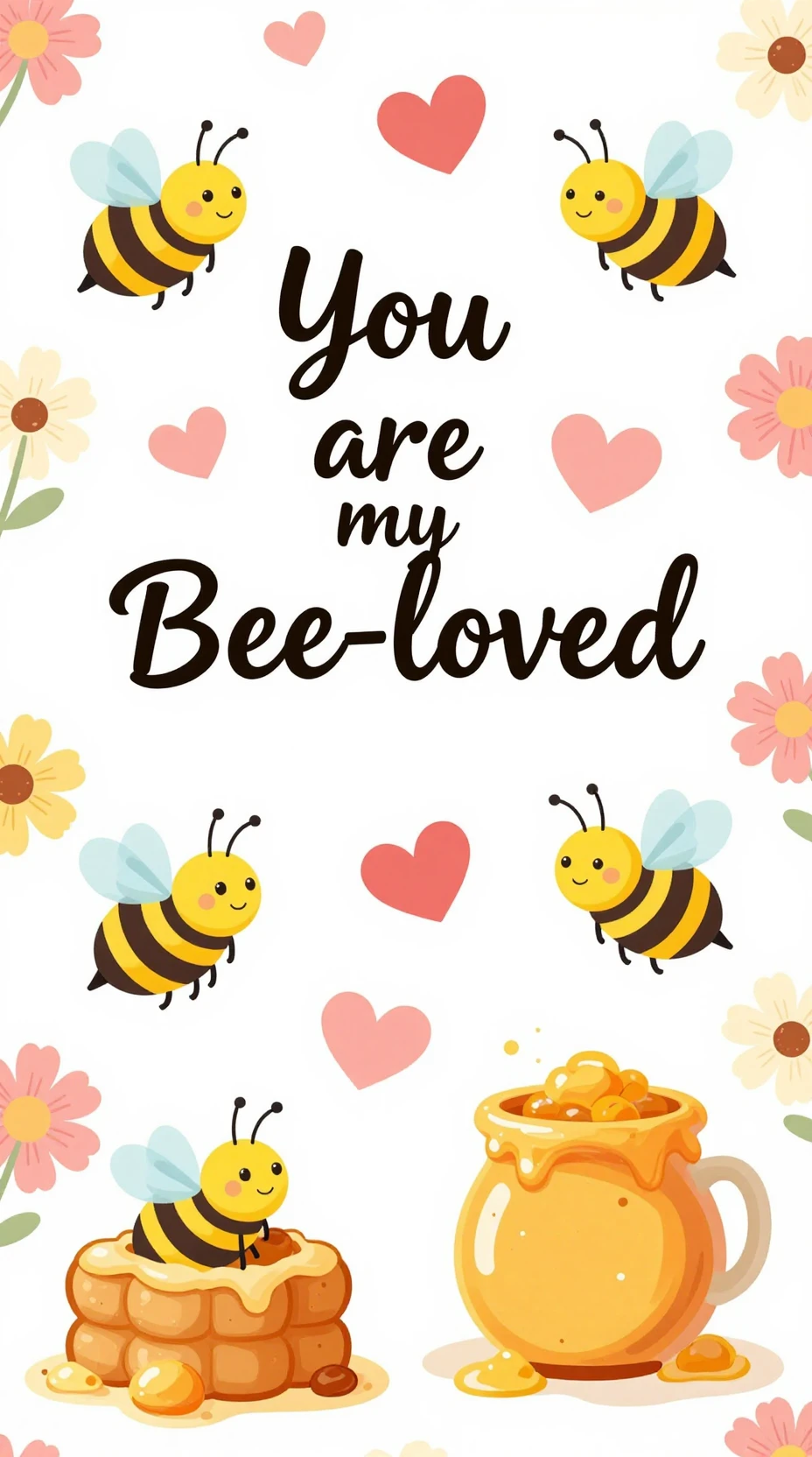 Dolci api cartoon con cuori e messaggio floreale di San Valentino