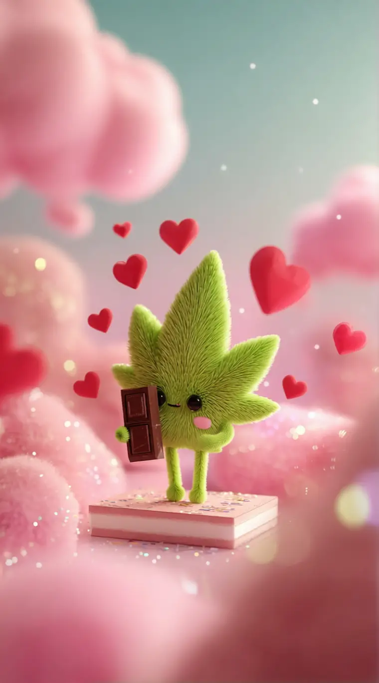 Adorable feuille de cannabis 3D tenant une petite boîte de chocolats de la Saint-Valentin