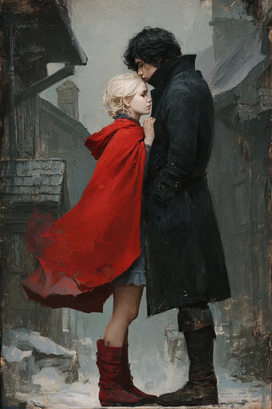 Gothic couple embraced before a heart shaped village scene