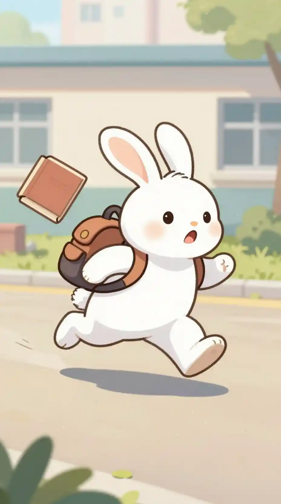 Cute White Rabbit Running To School With Books