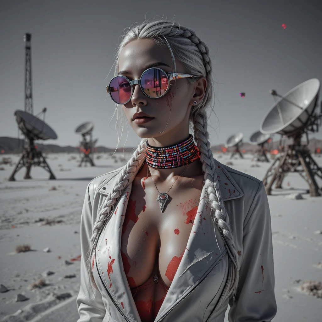 Cyberpunk-Femme-Fatale auf blendendem Salzpfannen-Friedhof