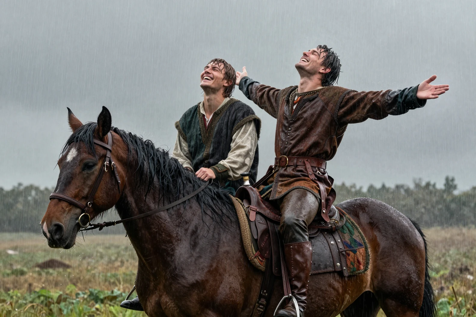 Two young men on horseback laughing in the summer rain