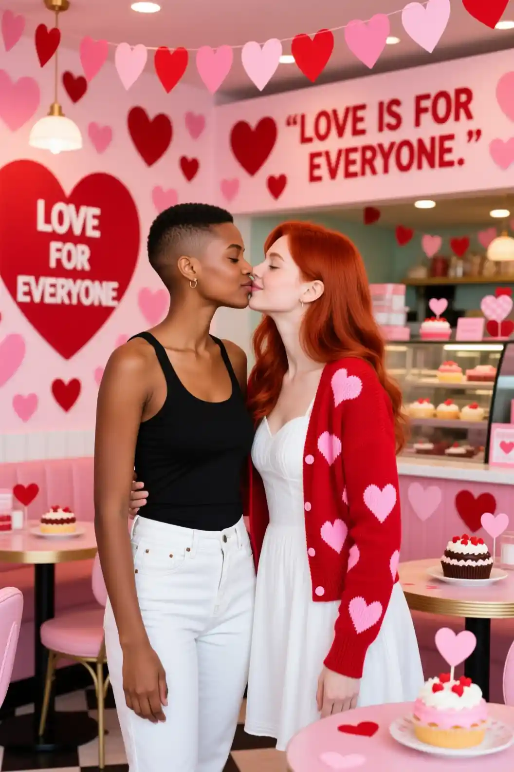 Two young women kissing in a romantic valentines cafe
