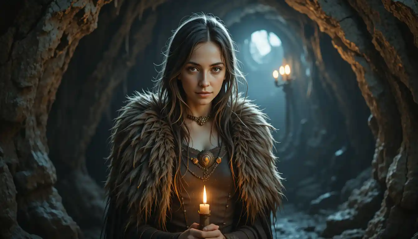 Determined medieval warrior woman lit by candle in cave