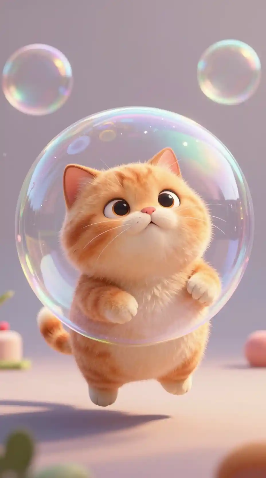 Pummeliger orangefarbener Kater in einer schimmernden Seifenblase