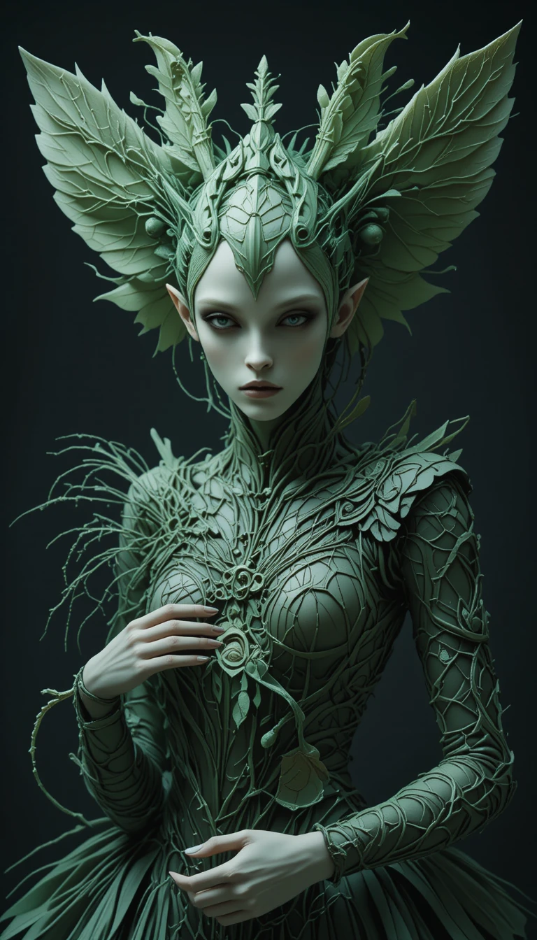 Alien fairy woman in insect inspired biomechanical headdress