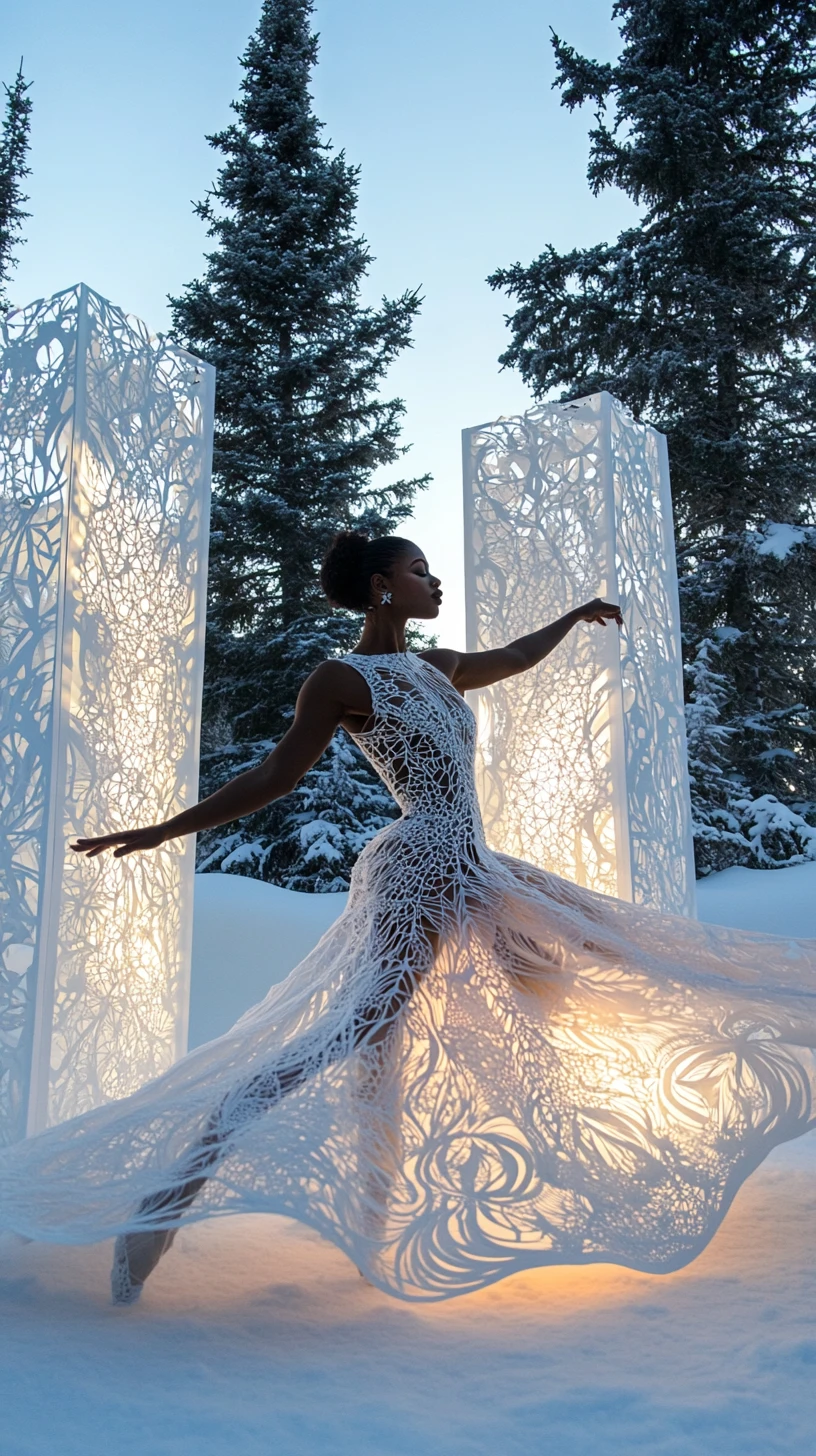 Bailarina afrofuturista posando na neve diante de esculturas luminosas