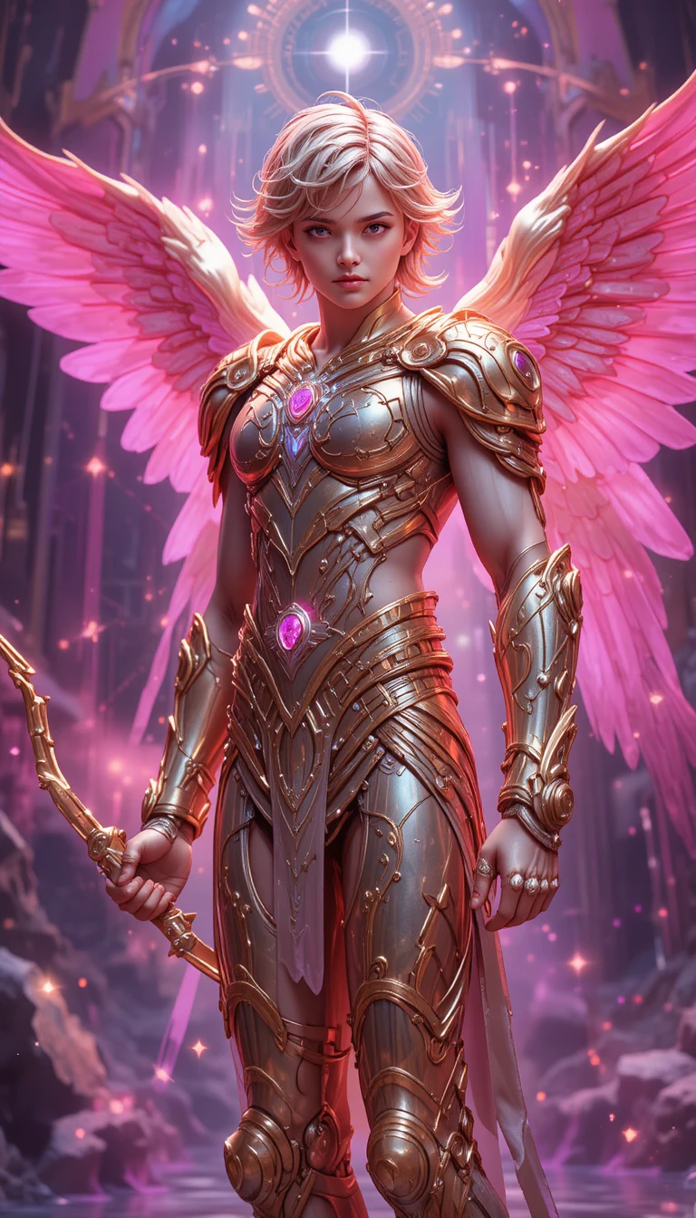 Cupid in golden armor with bow in cybernetic Olympus