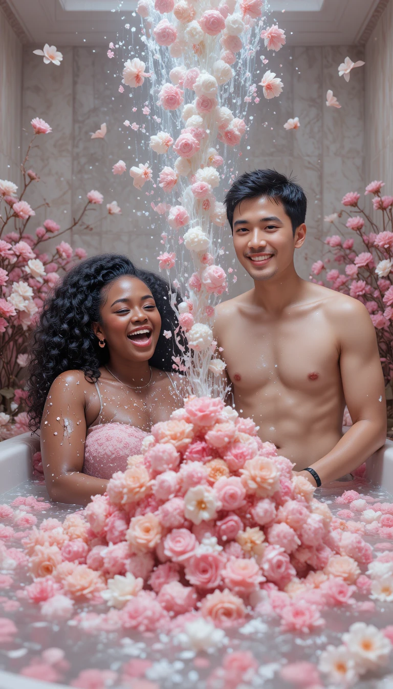 Donna gioiosa in bagno pieno di fiori e caramelle