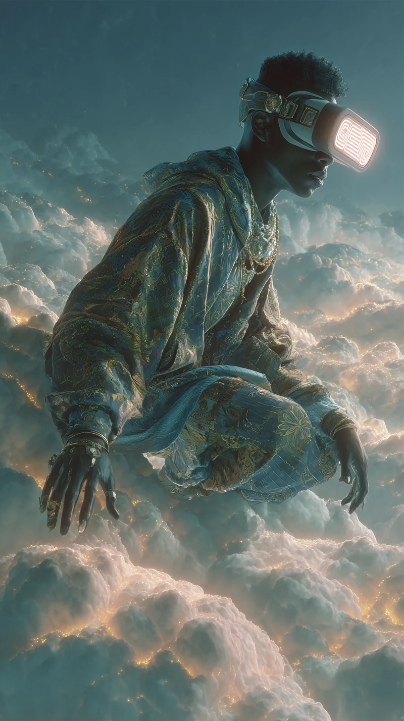 Homem afrofuturista flutuando sobre nuvens noturnas brilhantes