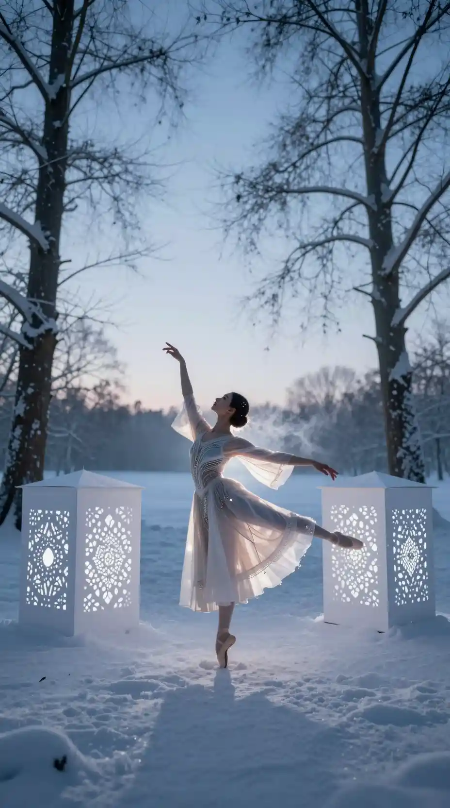 Ballerine afrofuturiste en arabesque parmi des sculptures de papier lumineuses