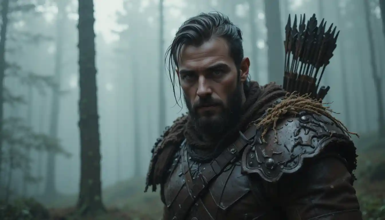 Archer déterminé en armure de cuir dans une forêt brumeuse