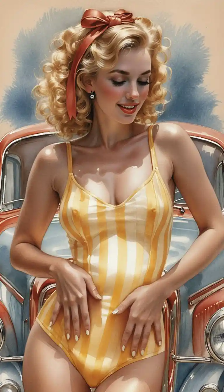 Blonde woman in red overalls on vintage car portrait