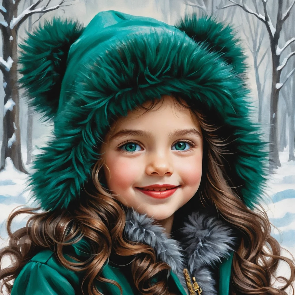 Fillette souriante en hiver avec chapeau et manteau en fourrure verte