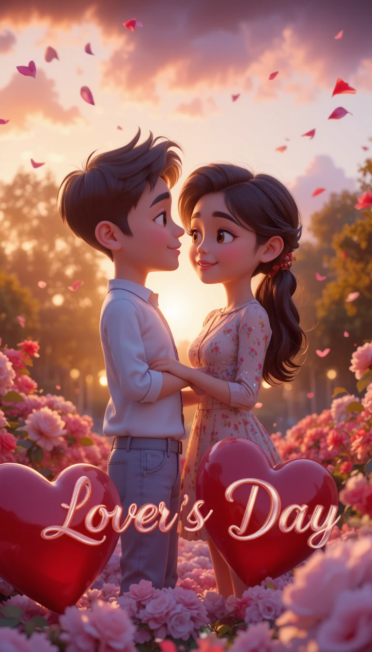 Pareja 3D romántica en un parque al atardecer con corazones brillantes