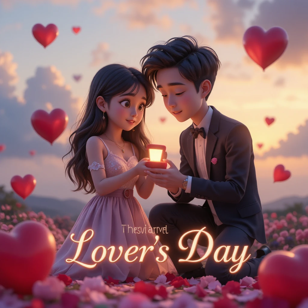 Romantic 3D couple proposal at sunset with glowing ring