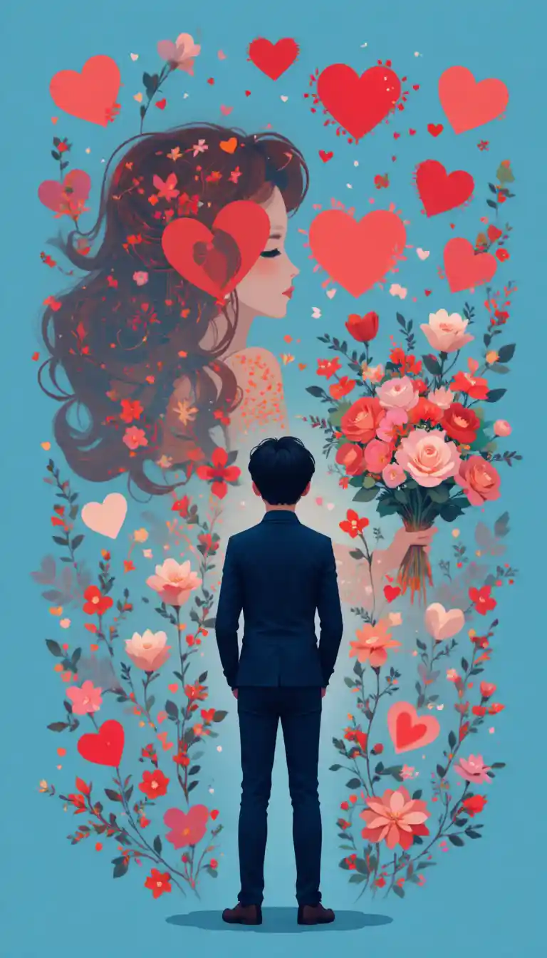 Couple romantique avec des fleurs sous une pluie de cœurs