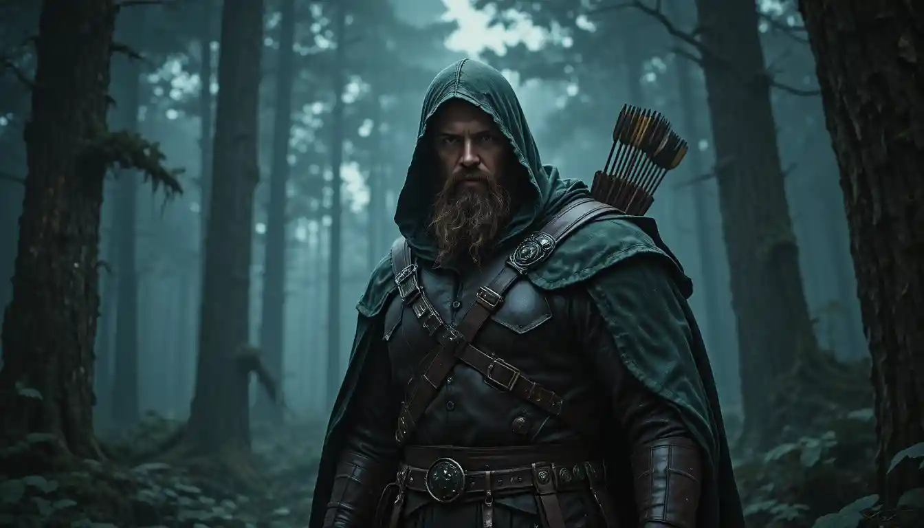 Archer barbu en cape verte dans une forêt brumeuse