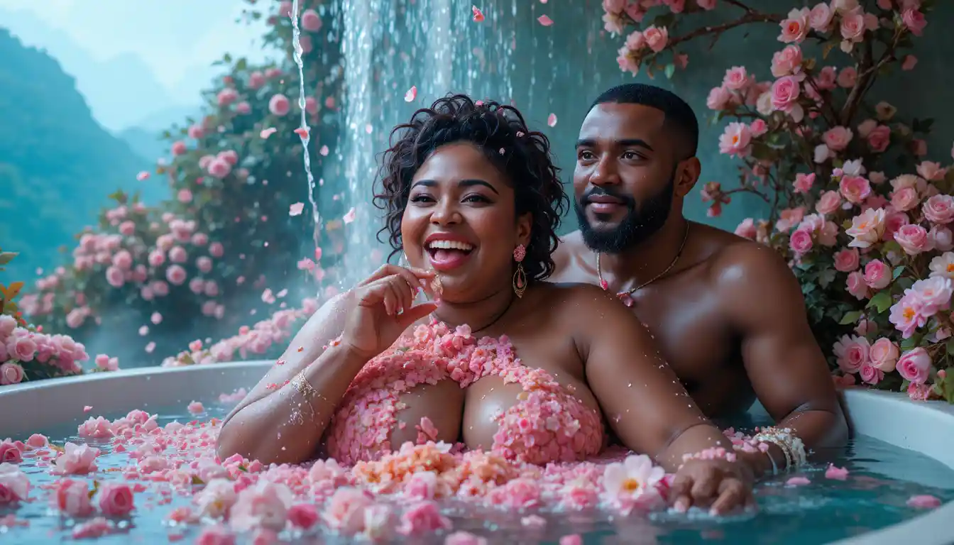 Joyful woman in a bathroom filled with cascading flowers