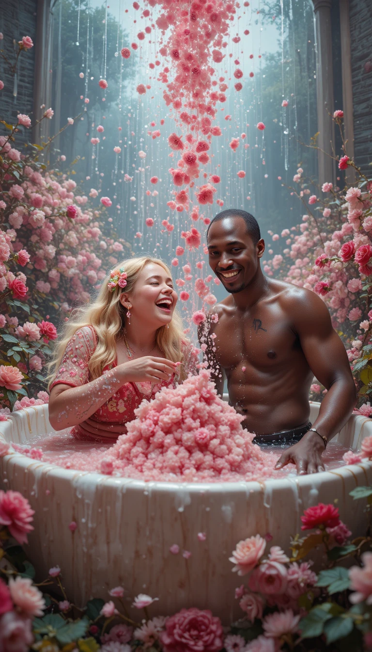 Joyful woman in wildflower filled bathroom with candy