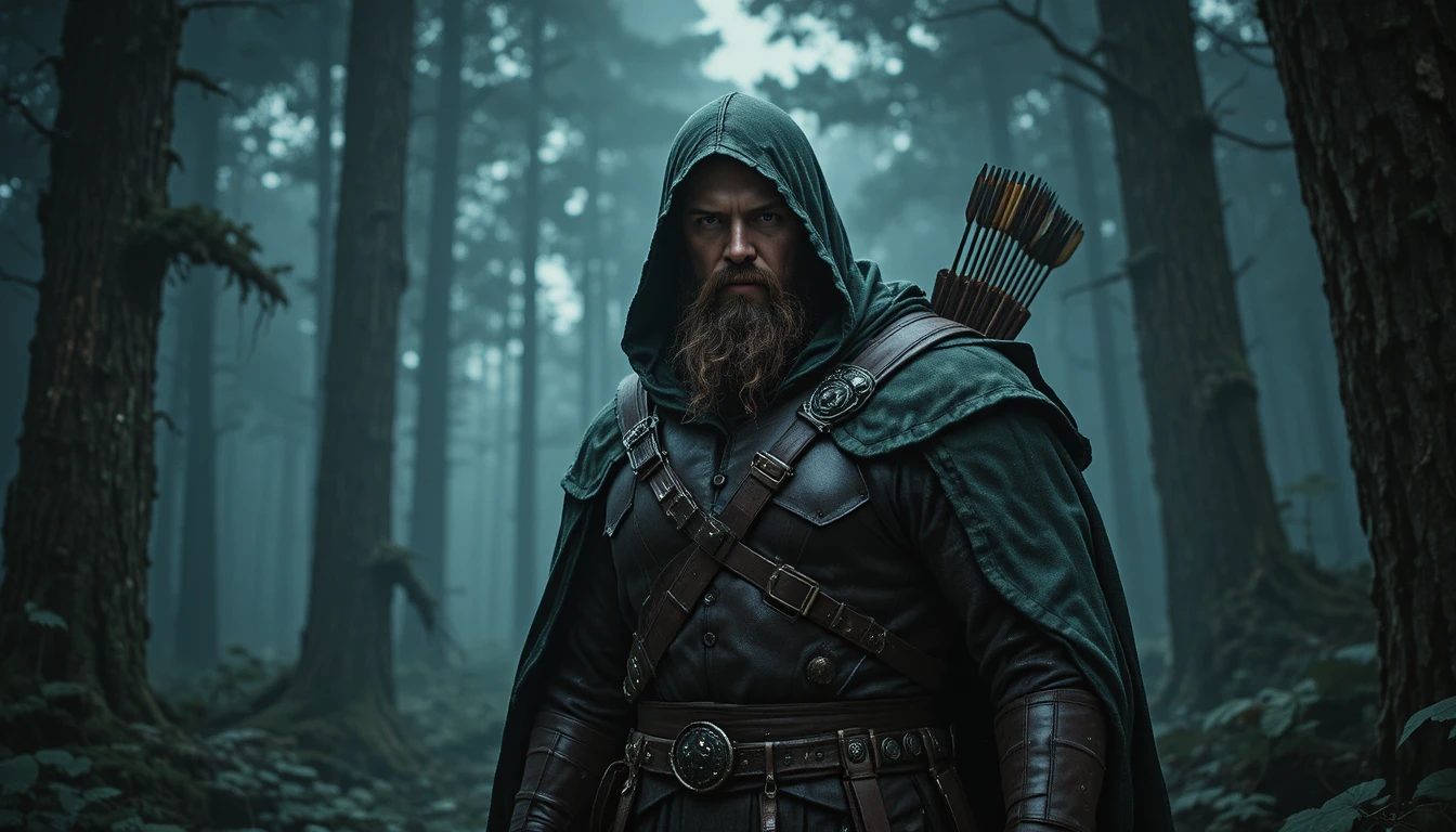 Archer barbu en cape verte dans une forêt brumeuse