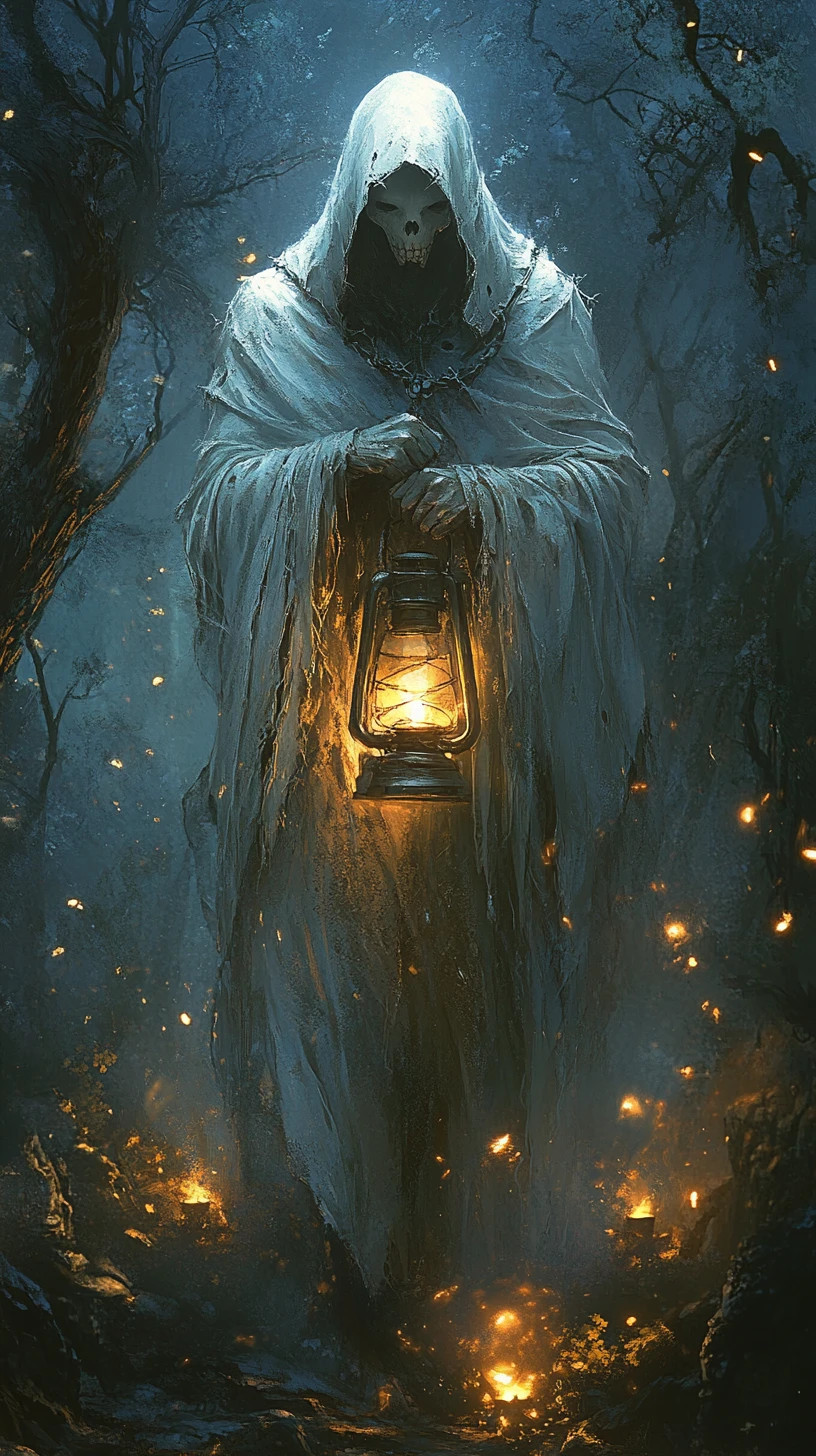 Fantasma espectral com lanterna em uma floresta sombria e encantada