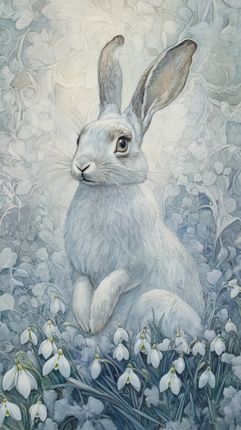 Pintura simbolista de uma lebre da neve entre delicadas campânulas-brancas