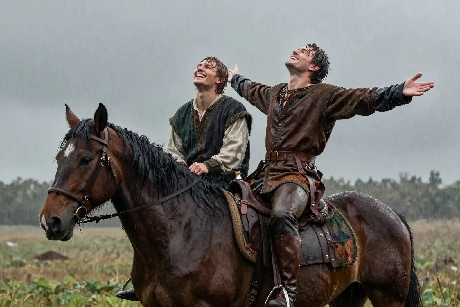 Two young men on horseback laughing in the summer rain