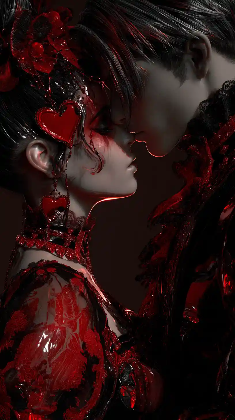 Casal de anime gótico em brilho romântico vermelho e preto