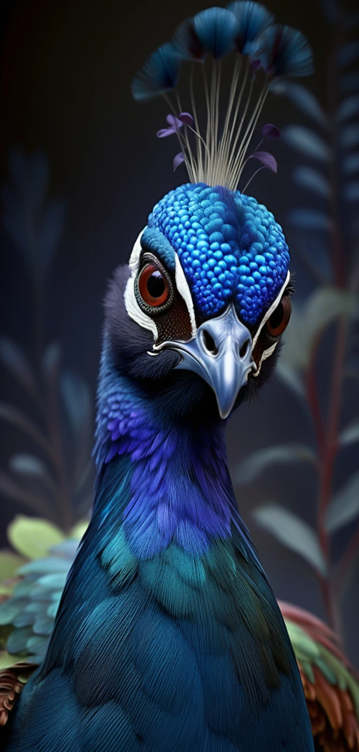 Perfil majestoso de pavão com plumagem iridescente e cintilante como joias