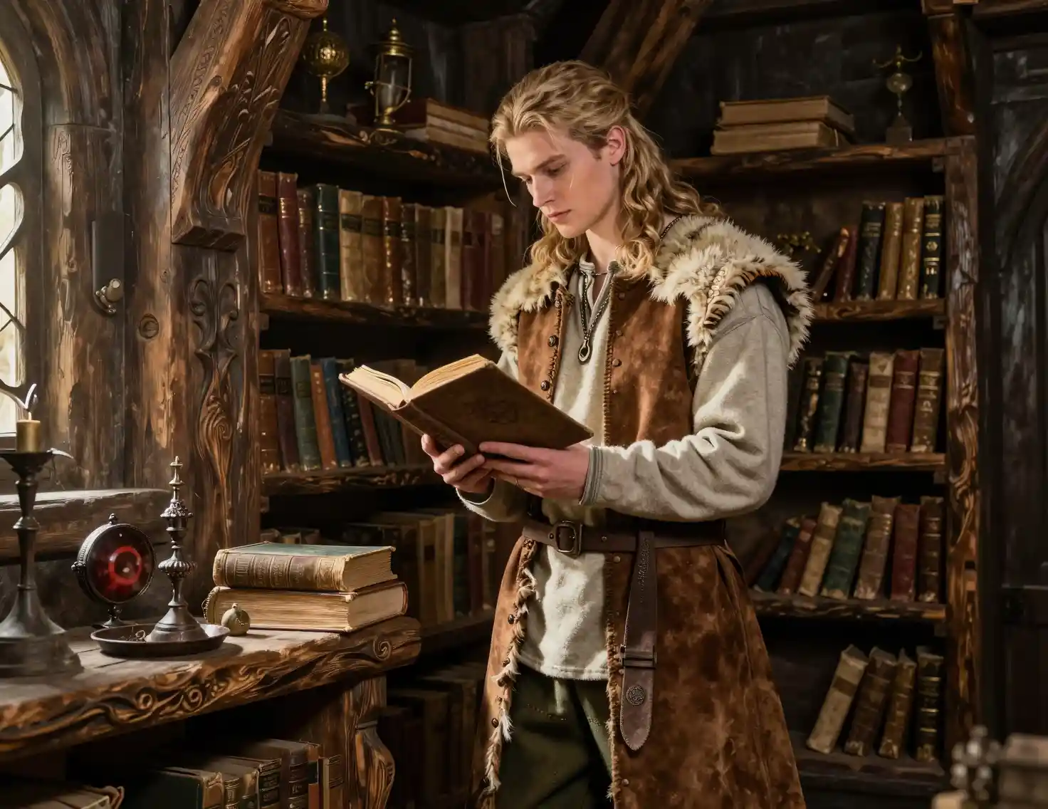 Young blond man reading in a rustic fantasy library