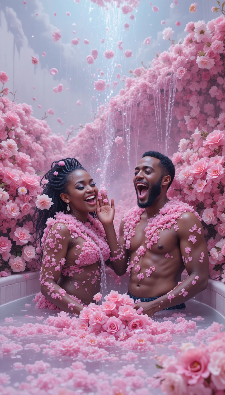 Femme joyeuse dans une salle de bain remplie de fleurs et de friandises