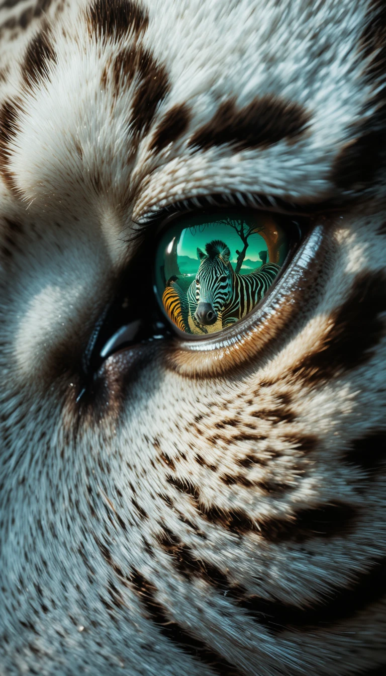 Weißer Tiger mit grünem Auge aus der Nähe und rennenden Zebras