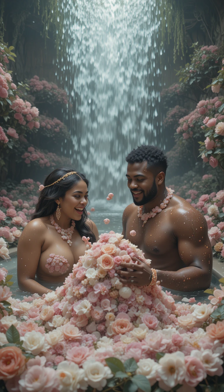 Donna gioiosa in un bagno pieno di fiori di campo