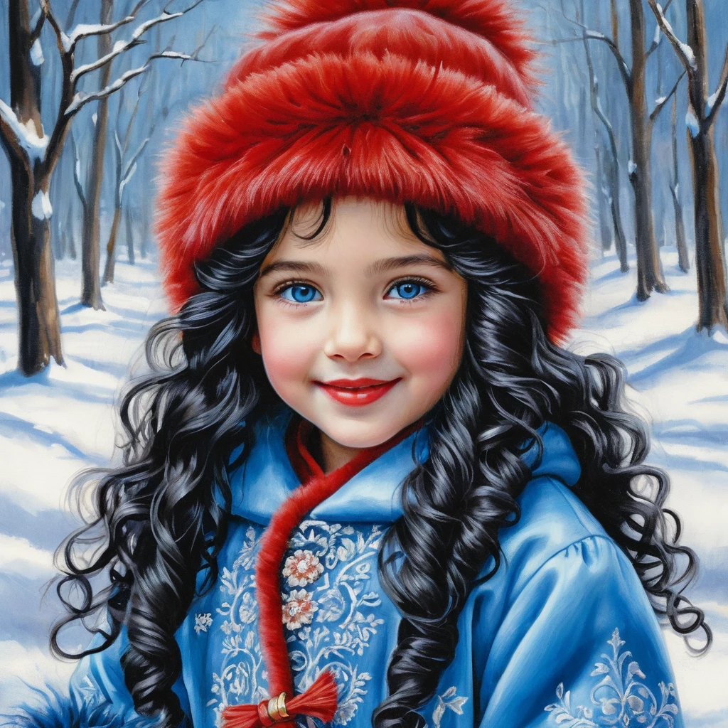 Fillette souriante en hiver avec chapeau et manteau en fourrure bleue