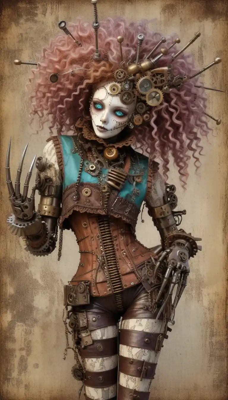 Steampunk gothic ragdoll woman in full body side profile