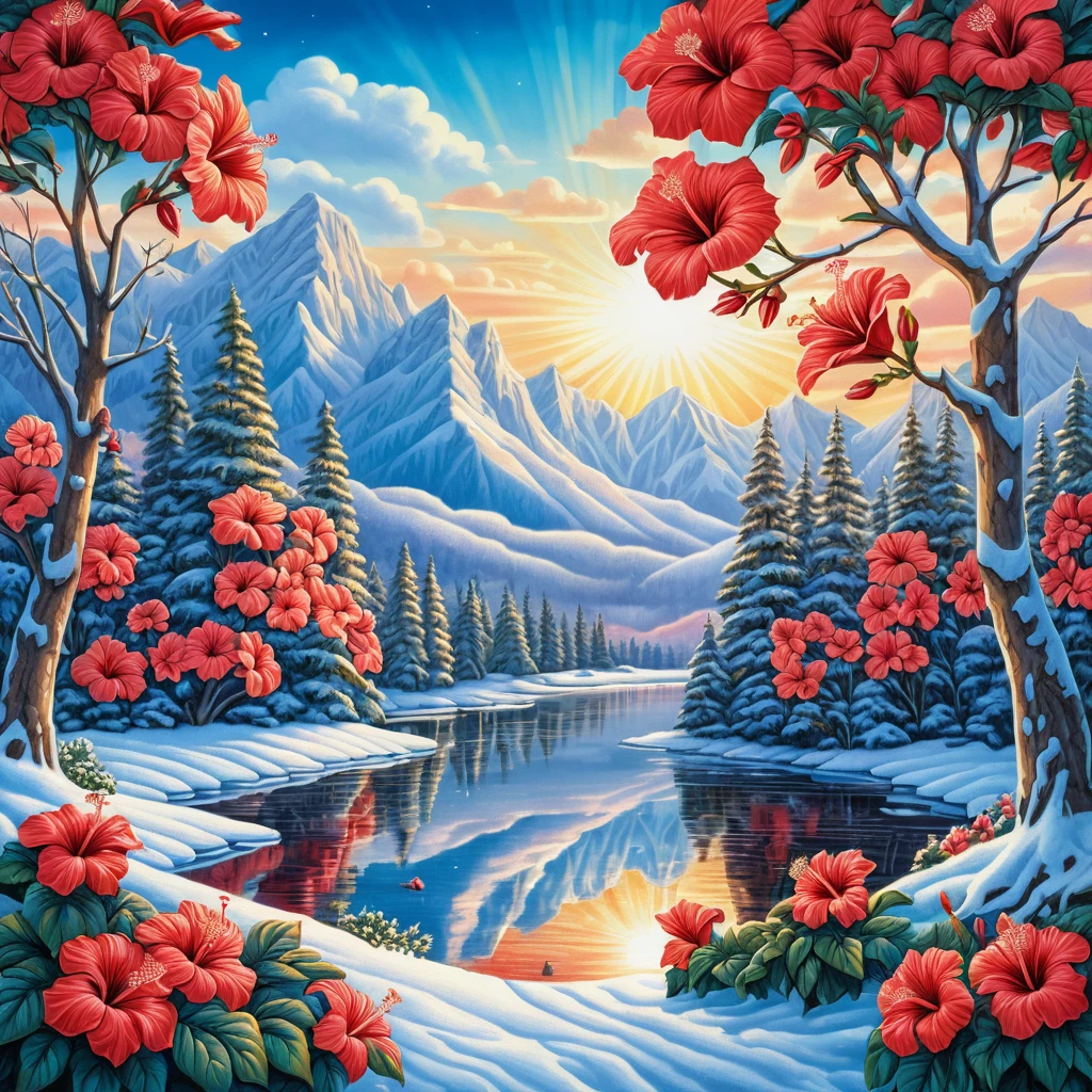 Prairie d’hiver avec arbres enneigés et montagnes au loin